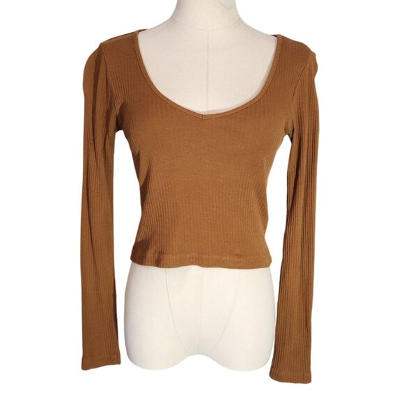 Topshop Brown Long-Sleeve Ribbed Knit Crop Top Womens Size 4 - Picture 5 of 14